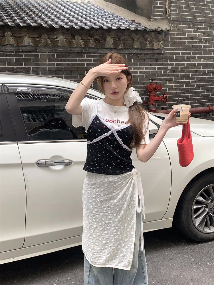 實拍！復古碎花vingtage少女感花邊吊帶內搭背心+疊穿蕾絲半身裙