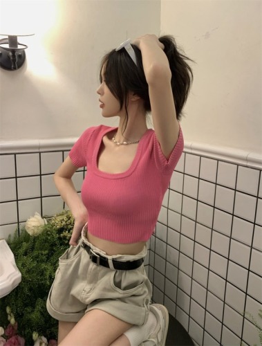 甜辣妹方领短袖粉色针织t恤女夏季新款设计感短款收腰修身上衣