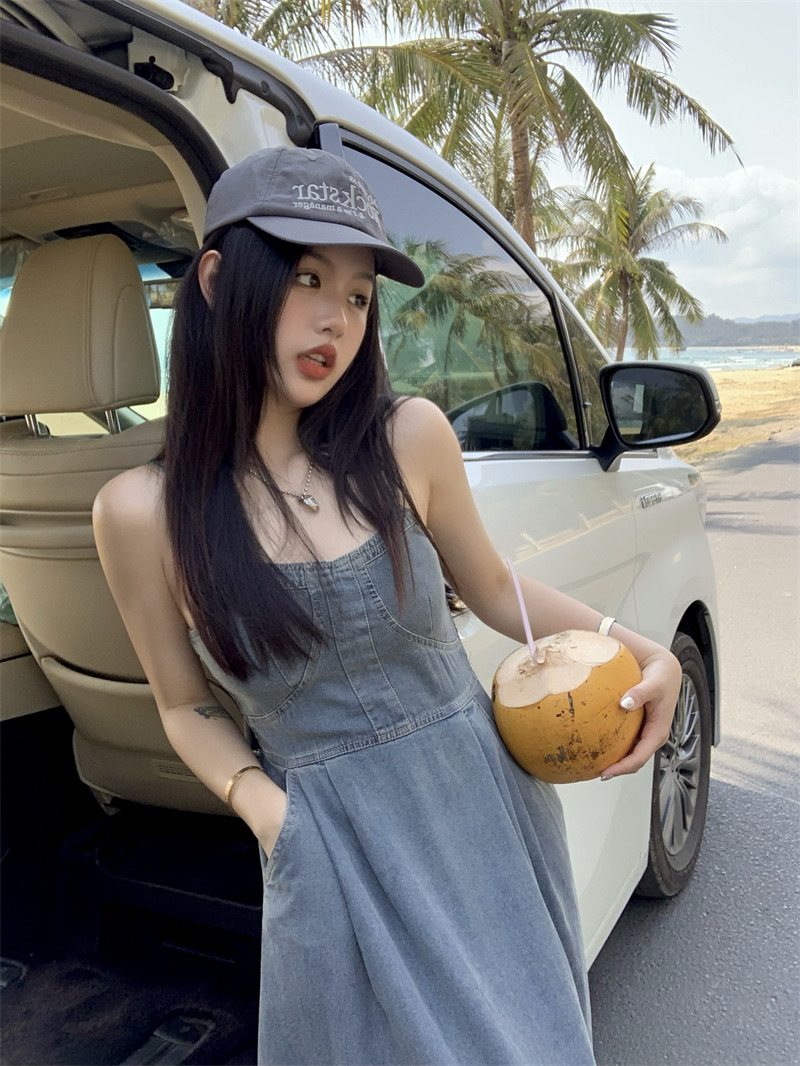實拍 夏季新款修身顯瘦中長款連衣裙女裝收腰大擺牛仔裙吊帶裙子