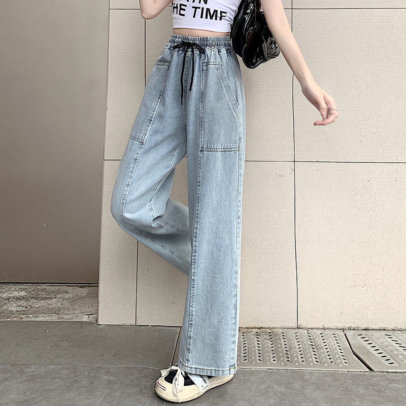 Real shot of wide-legged denim pure cotton washed spring high-waist slim straight slim college style loose pants with drawstrings
