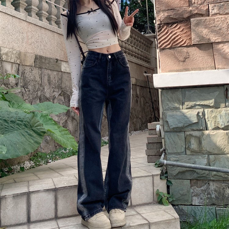 實拍 側邊白條拼色設計感長褲拖地褲黑色直筒牛仔褲女