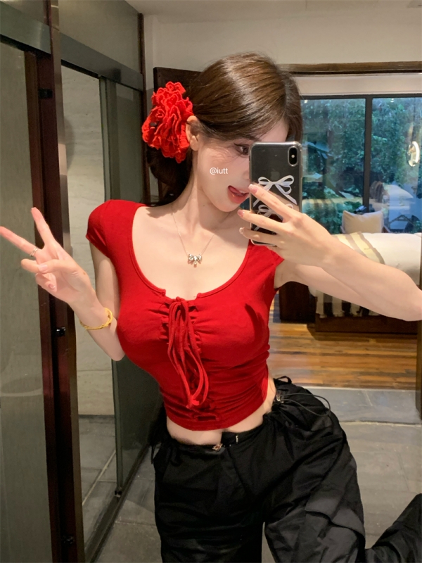 實拍 純欲辣妹性感系帶U領小眾設計感短袖T恤上衣打底衫女