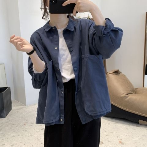 韓版簡約大口袋工裝外套女學生寬鬆顯瘦減齡學院風長袖夾克上衣潮