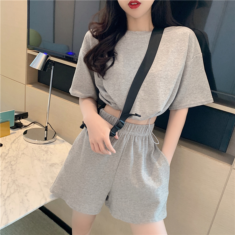 休閒時尚套裝2024夏季短款上衣短袖t恤女高腰闊腿短褲兩件套