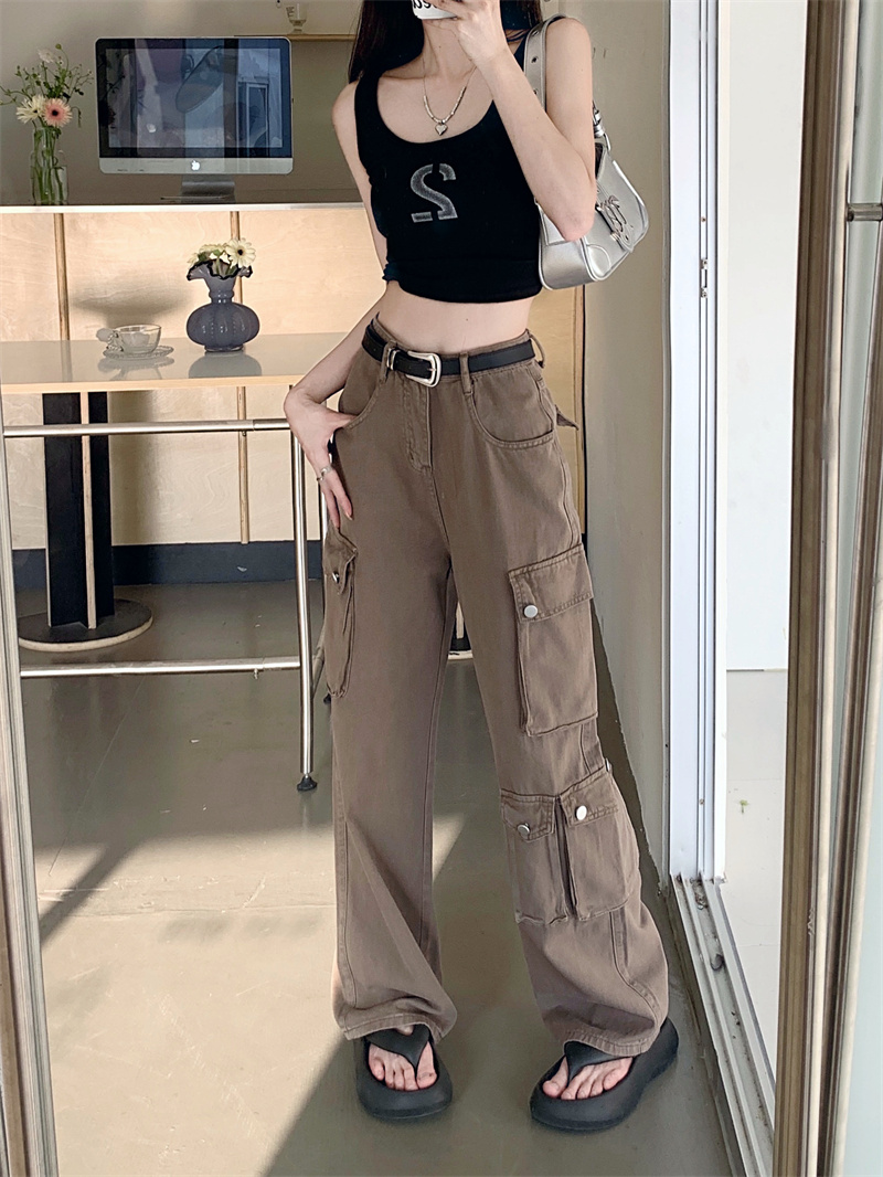 Real shot of American retro workwear jeans for women spring and autumn 2024 new straight-leg loose slimming high-waisted wide-leg pants