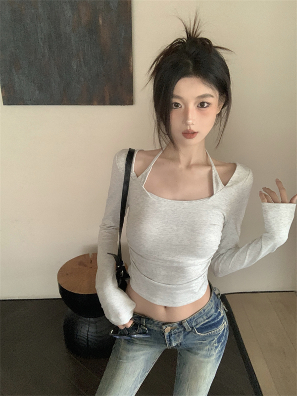 實拍復古時尚氣質掛脖2024新款辣妹修身顯瘦打底衫上衣