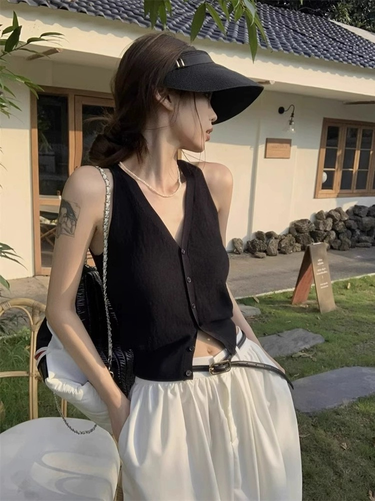 黑色v領內搭針織吊帶背心馬甲女春秋純欲風無袖短款開衫上衣外穿