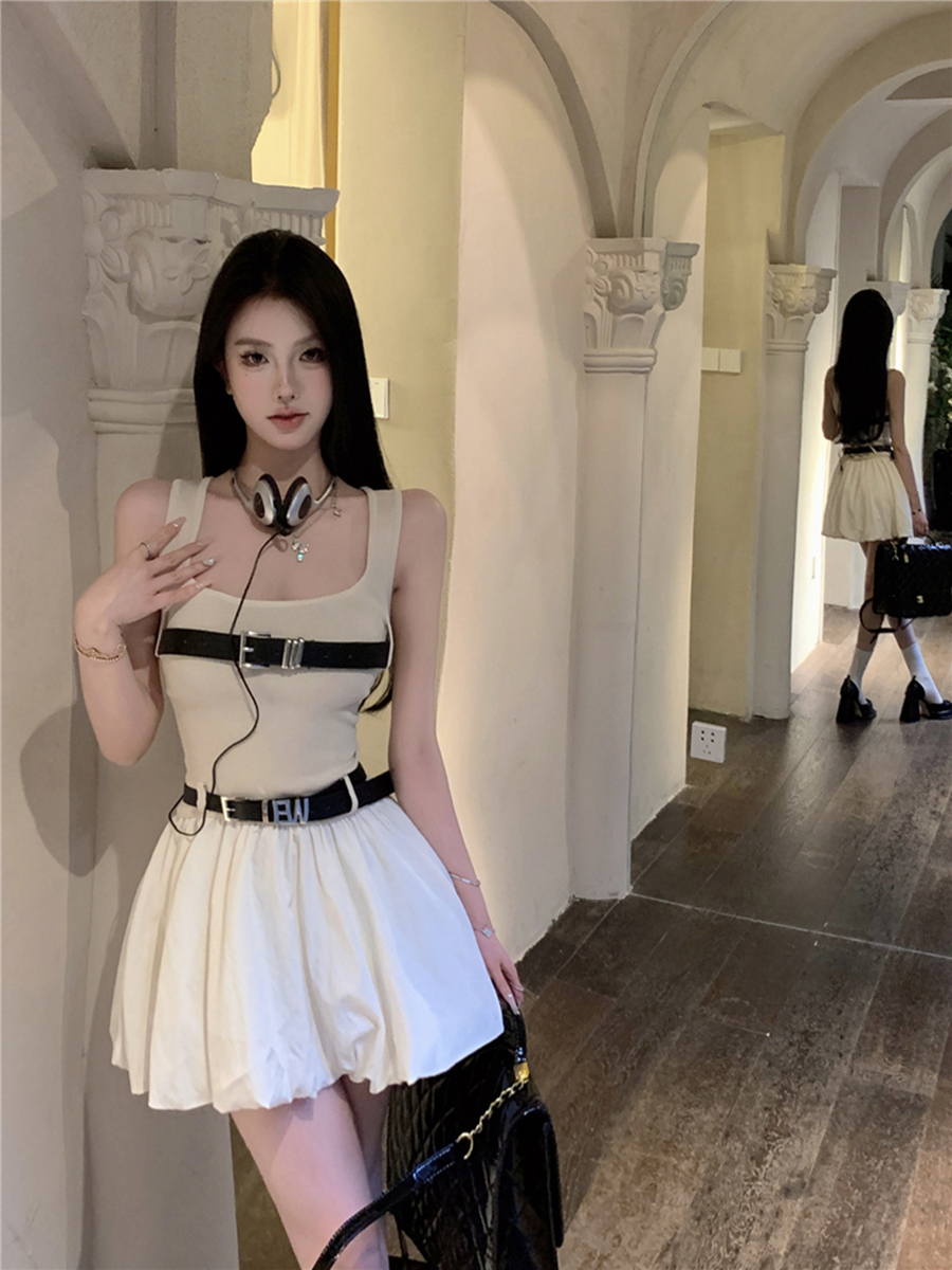 實拍復古性感吊帶花苞連衣裙女拼接背心高腰蓬蓬裙