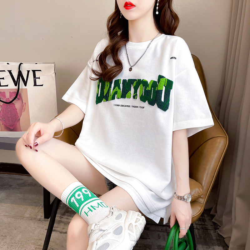 實拍 32支雙紗235克夏裝韓版寬鬆字母刺繡中長款大碼短袖T恤女