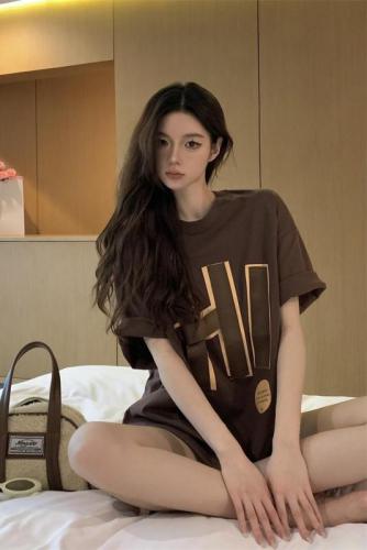 Real shot of spring and summer Hong Kong style ins style simple letters loose short-sleeved T-shirt with mid-length top for women