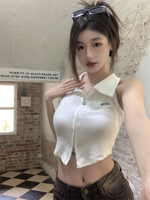 實拍 美式polo翻領無袖吊帶背心外穿設計感拉鏈短款露臍t