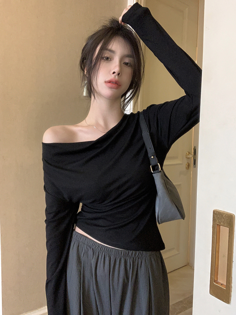 實拍！斜肩辣妹上衣女春季修身小眾設計感長袖t恤2432