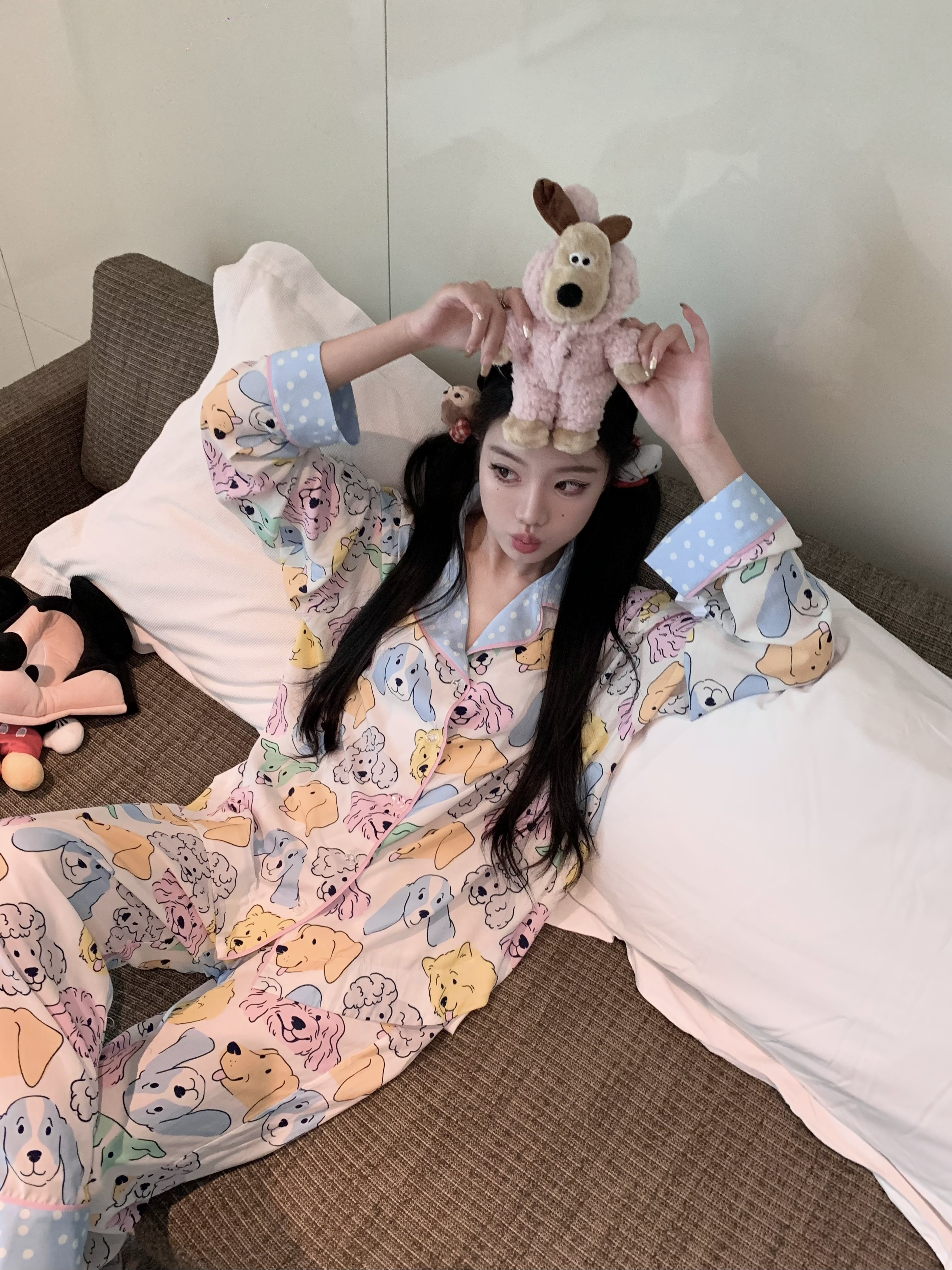 實拍 彩色小狗可愛卡通休閒睡衣套裝兩件套寬鬆家居服
