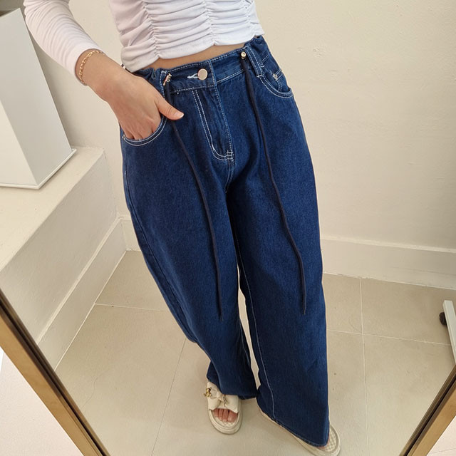 女式高腰系帶寬版長牛仔褲