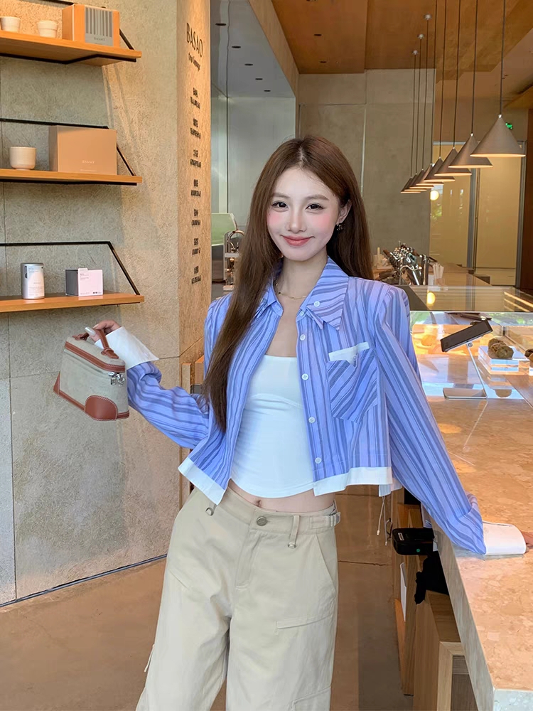 NIMOWANG 學院風條紋襯衫女春日秋季寬鬆短款上衣設計感小眾外套