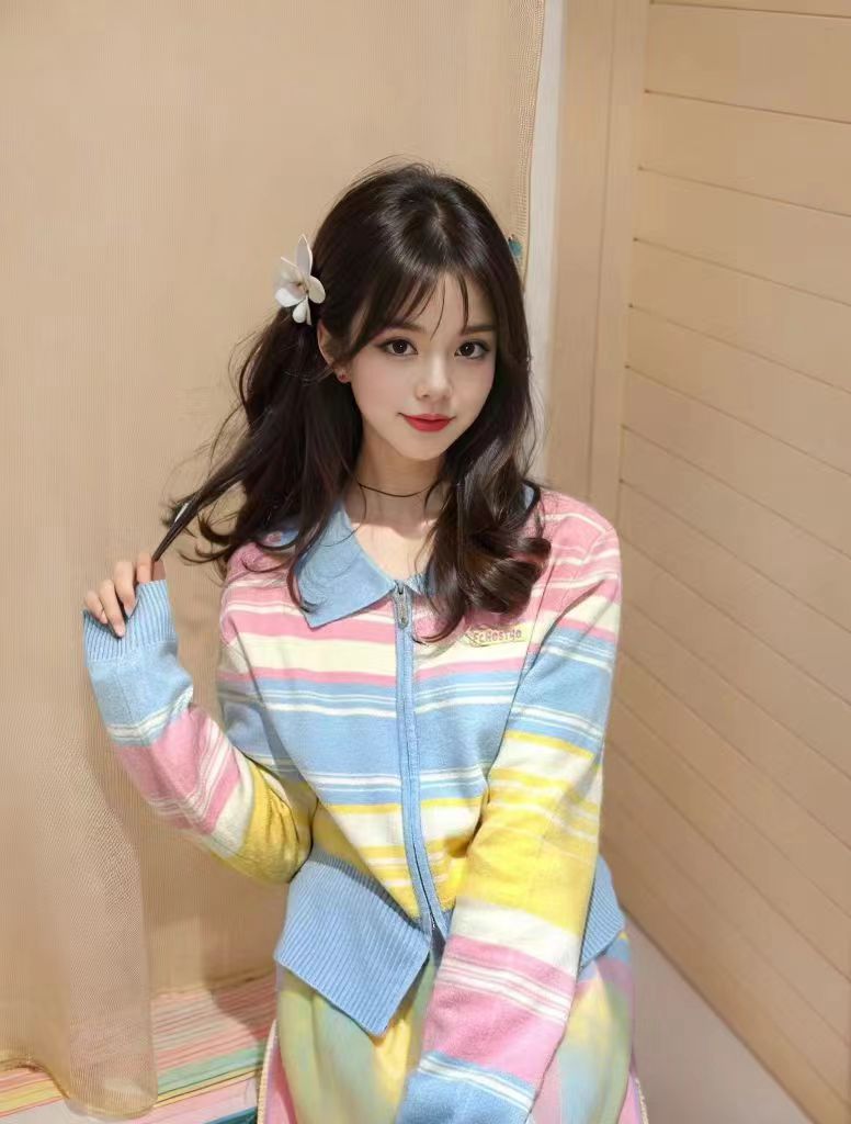 彩色條紋毛衣女春季2024新款韓系小個子短款撞色拼接針織開衫外套