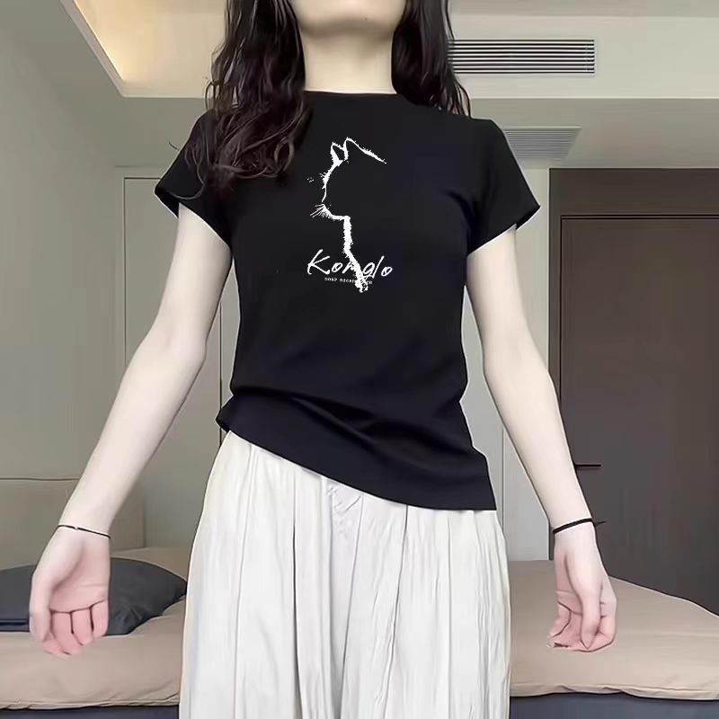 印花正肩短袖t恤女夏季夏款小眾美式純棉顯瘦體恤上衣