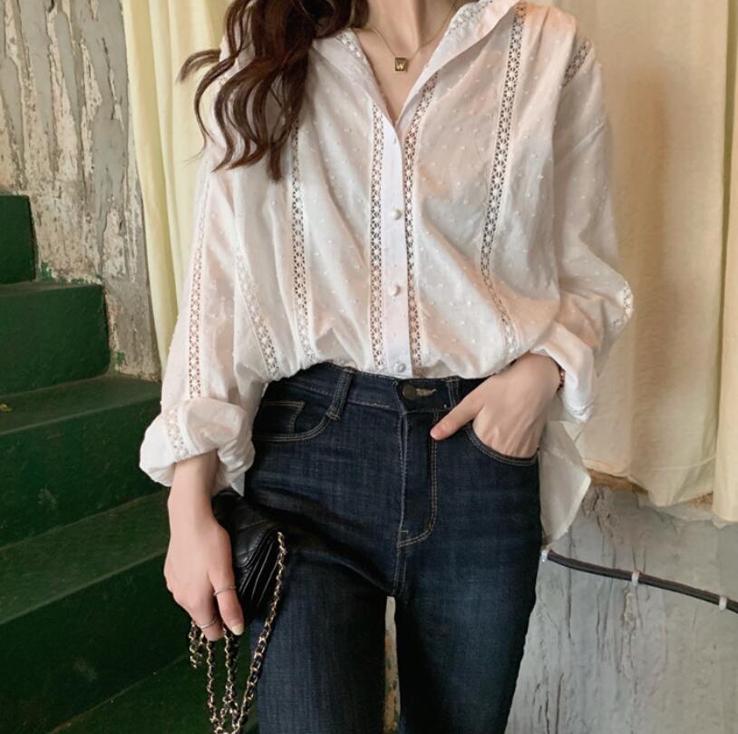 Spring French Hollow Splicing Fashion Versatile Jacquard Large Size Women's Shirt Internet Celebrity M-4XL 200 Jin