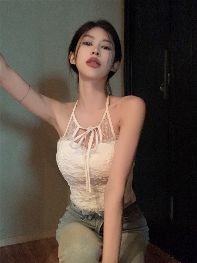 實拍  蕾絲掛脖吊帶背心女內搭外穿帶胸墊裹胸辣妹上衣