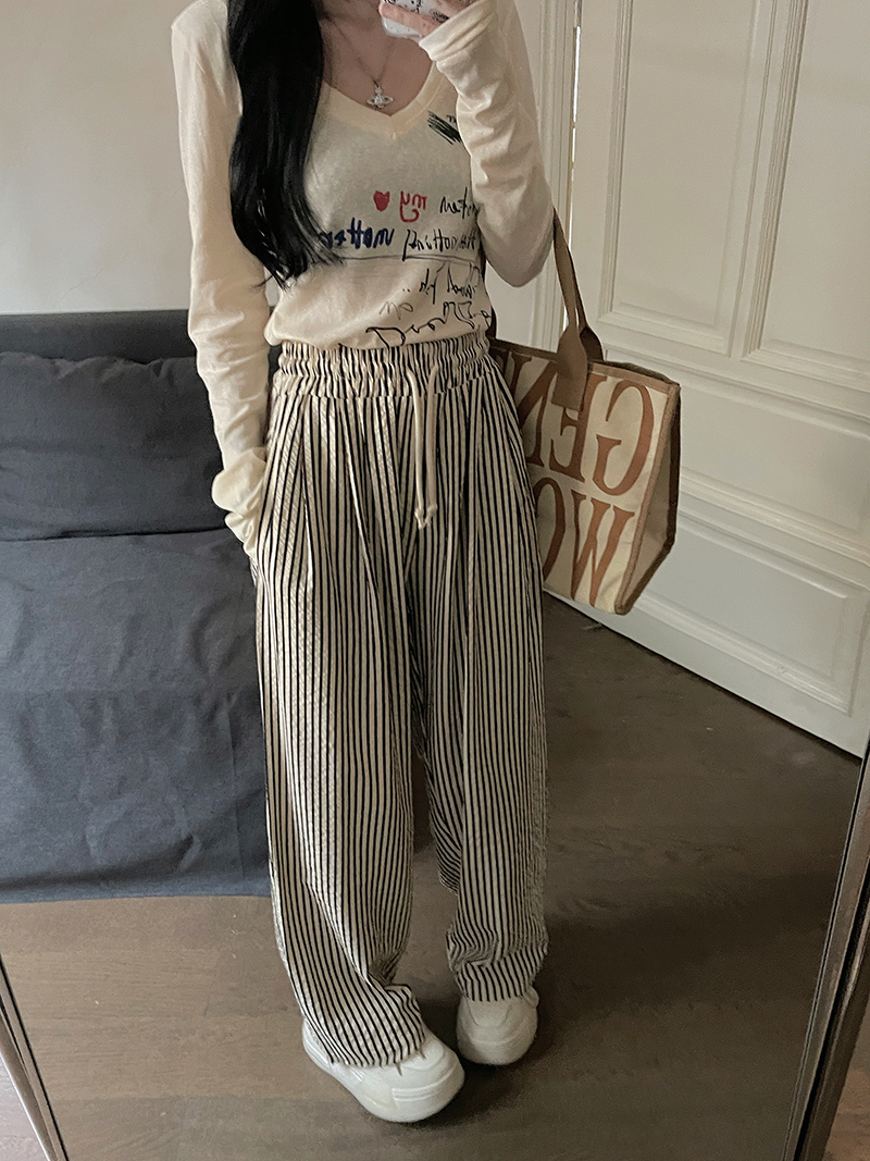 Real shot original fabric + back pocket spring striped straight trousers casual pants for women