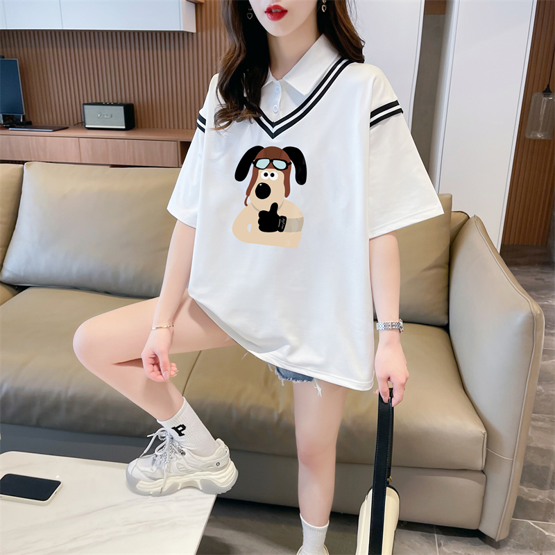 實拍 2024夏裝韓版寬鬆假兩件卡通印花M-3XL大碼短袖T恤女
