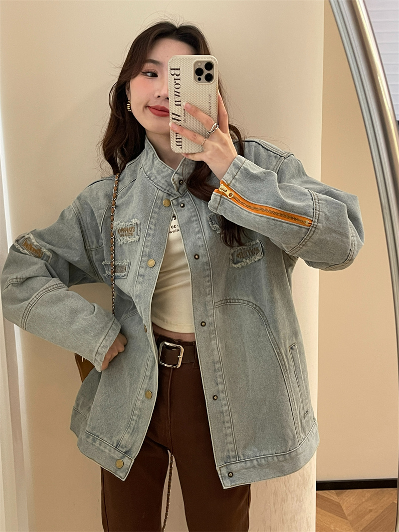 Actual shot#American retro splicing jacket women's trendy brand street loose and versatile couple distressed denim jacket