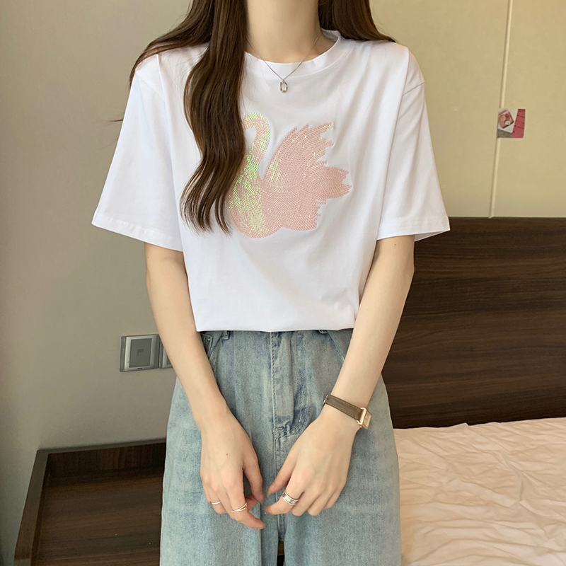實拍 32支純棉夏裝韓版寬鬆天鵝卡通亮片中長款大碼短袖T恤女