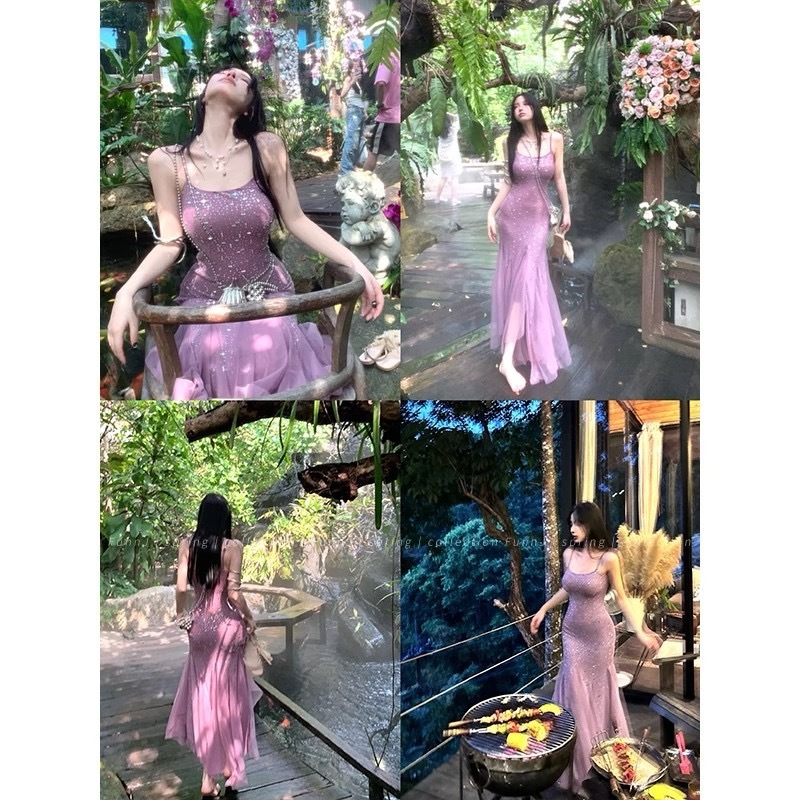 FunnJ方幾 魚姬獵手手工燙鑽度假收腰中長魚尾連衣裙女包臀吊帶裙