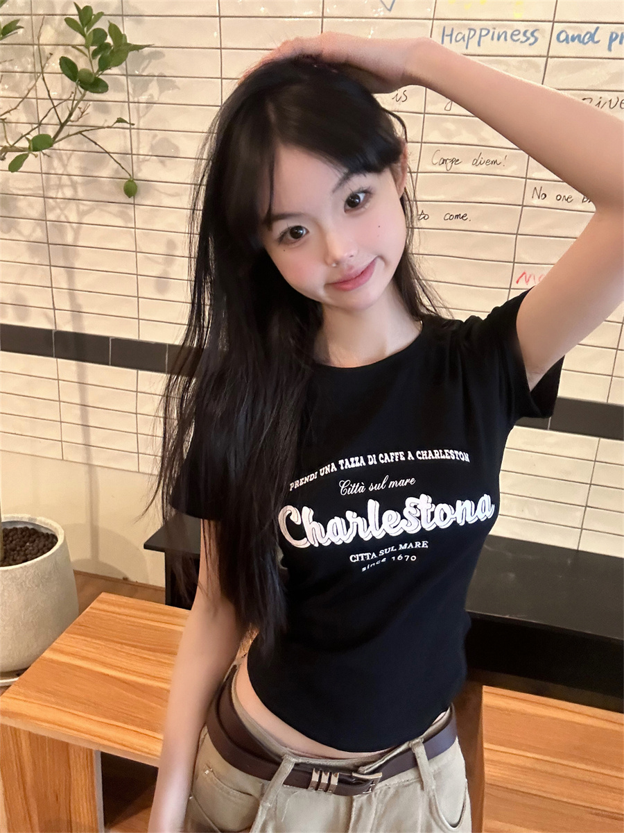 本店原創！米灰色正肩短袖t恤女夏季顯瘦高級感休閒百搭上衣