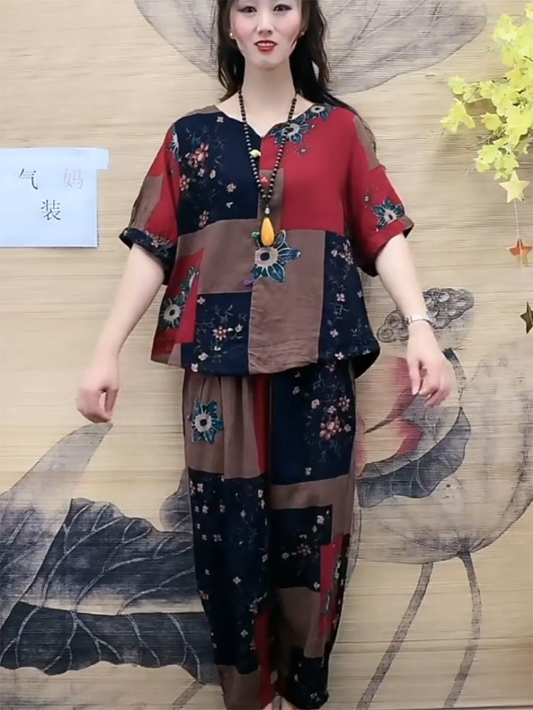 L到5XL大碼中老年夏季女裝套裝洋氣寬鬆短袖媽媽裝遮肚子顯瘦兩件