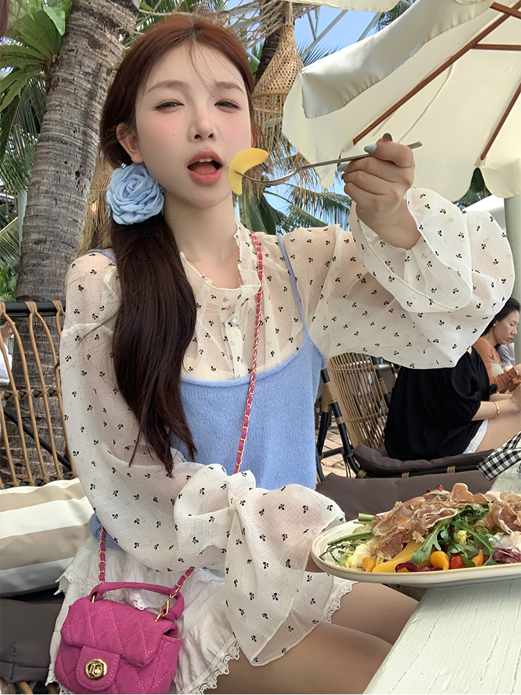 實拍 春夏韓chic簡約疊穿長袖網紗上衣+針織外穿吊帶