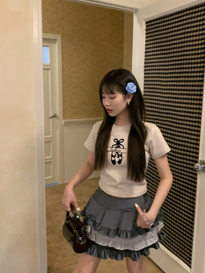 實拍甜美蝴蝶結印花芭蕾短袖T恤