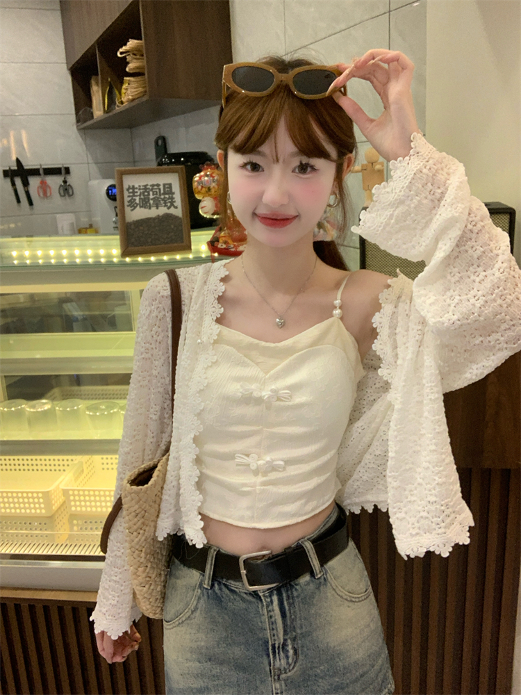 實拍 新款純欲風性感盤扣吊帶背心女內搭帶胸墊+鏤空長袖開衫套裝
