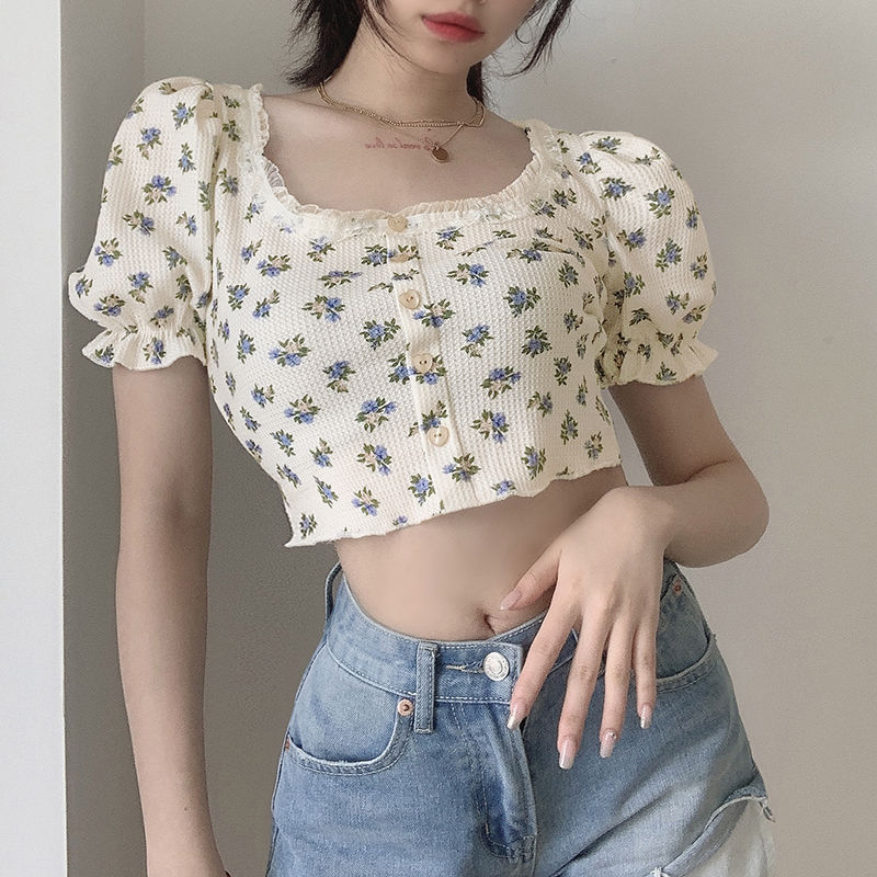 華夫格夏季美式復古風碎花短款T恤女方領泡泡袖露肚臍上衣潮