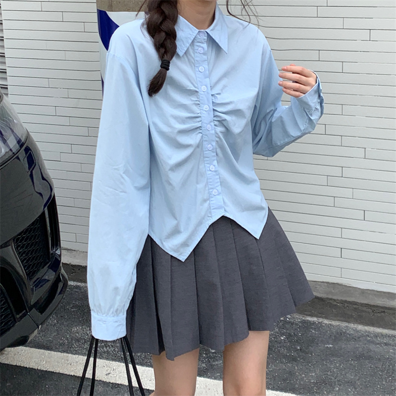 Real shot of olo collar long-sleeved shirt for women 2024 spring and autumn new style irregular design pleated shirt short top