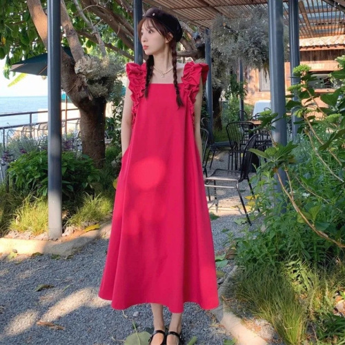 2024夏季法式方领玫红色小飞袖连衣裙宽松a字显瘦气质垂感长裙子