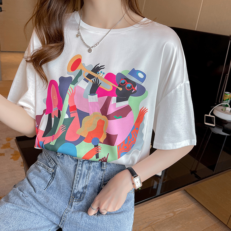 實拍白色印花短袖t恤女2024夏季新款時尚寬鬆百搭圓領純棉上衣潮