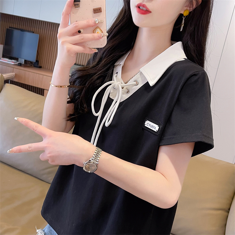 實拍 2024夏季新款韓版寬鬆POLO領系帶拼色短袖T恤女