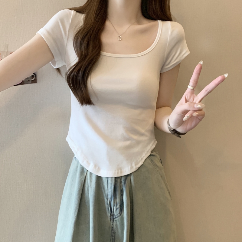 實拍  40支純棉 2024夏裝設計感小眾彈力短袖T恤女