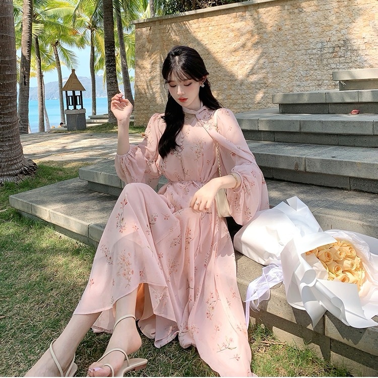 法式溫柔風v領長袖碎花連衣裙女早春2024新款小個子收腰顯瘦a字裙