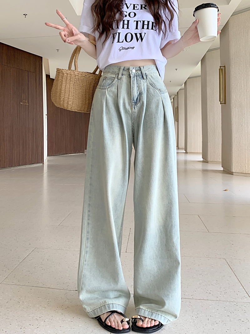 實拍#新款寬鬆牛仔長褲女設計感水洗垂感大闊腿拖地褲子