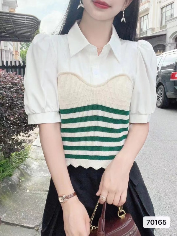 夏季新款韓版時尚Polo領襯衣拼接假兩件短袖上衣女