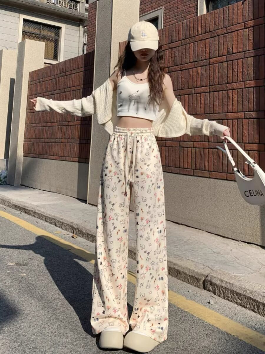 實拍 夏季韓版寬鬆塗鴉美式高街小眾碎花鬆緊高腰休閒褲女