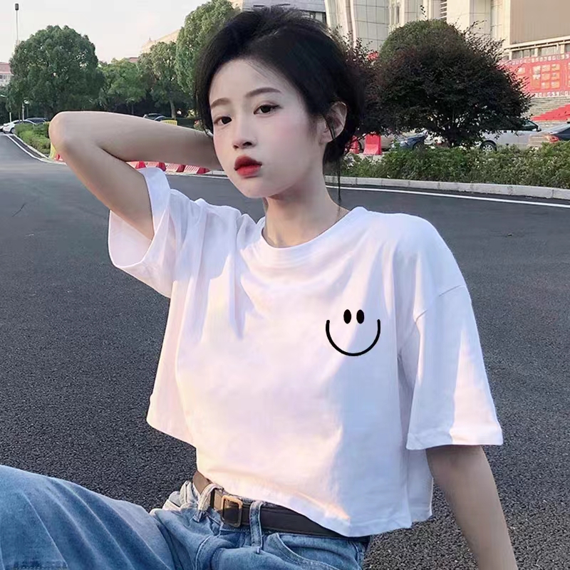 兩種面料 短袖超短露肚臍恤女韓版寬鬆學生上衣 純棉包後領