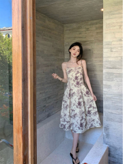 Photographed Modern Chinese Style Slip Dress with Waist Cinching, Elegant and High-end Feel, Sleeveless Backless Dress for Women