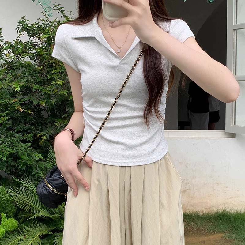 Official picture 40 count 210g pure cotton right shoulder short-sleeved V-neck T-shirt for women summer new short-sleeved Polo collar short top