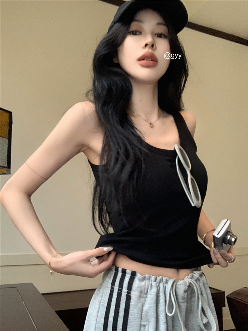 實拍美背運動吊帶背心女夏季新款港味U領辣妹上衣有胸罩