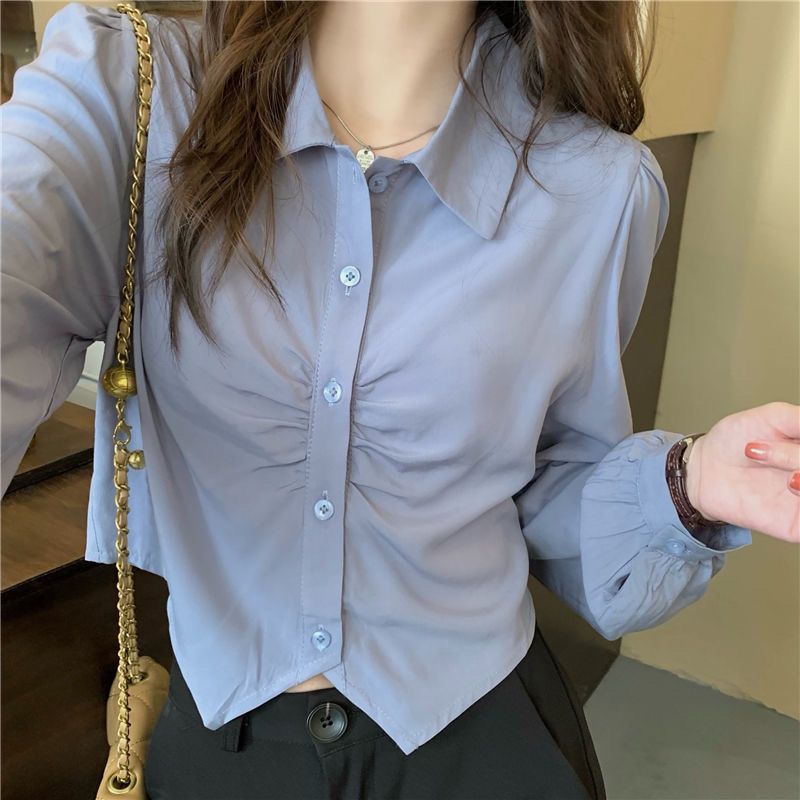 短款襯衣女白色襯衫女春秋新款韓版設計感褶皺學院風減齡純欲上衣