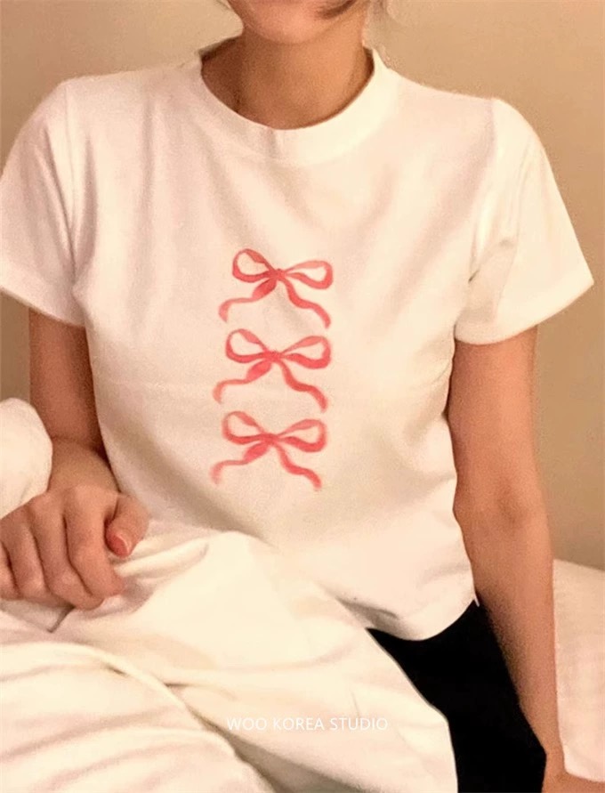 印花正肩短袖t恤女夏季夏新款小眾美式純棉顯瘦體恤上衣