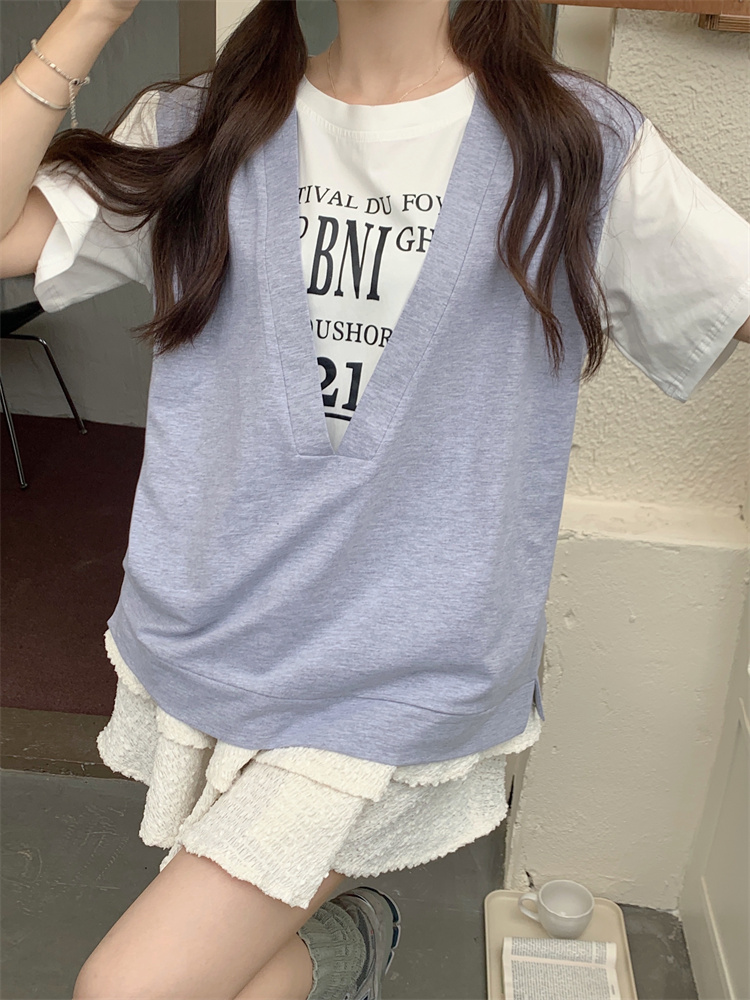 ～大碼女裝字母印花短袖假兩件寬鬆休閒百搭T恤上衣